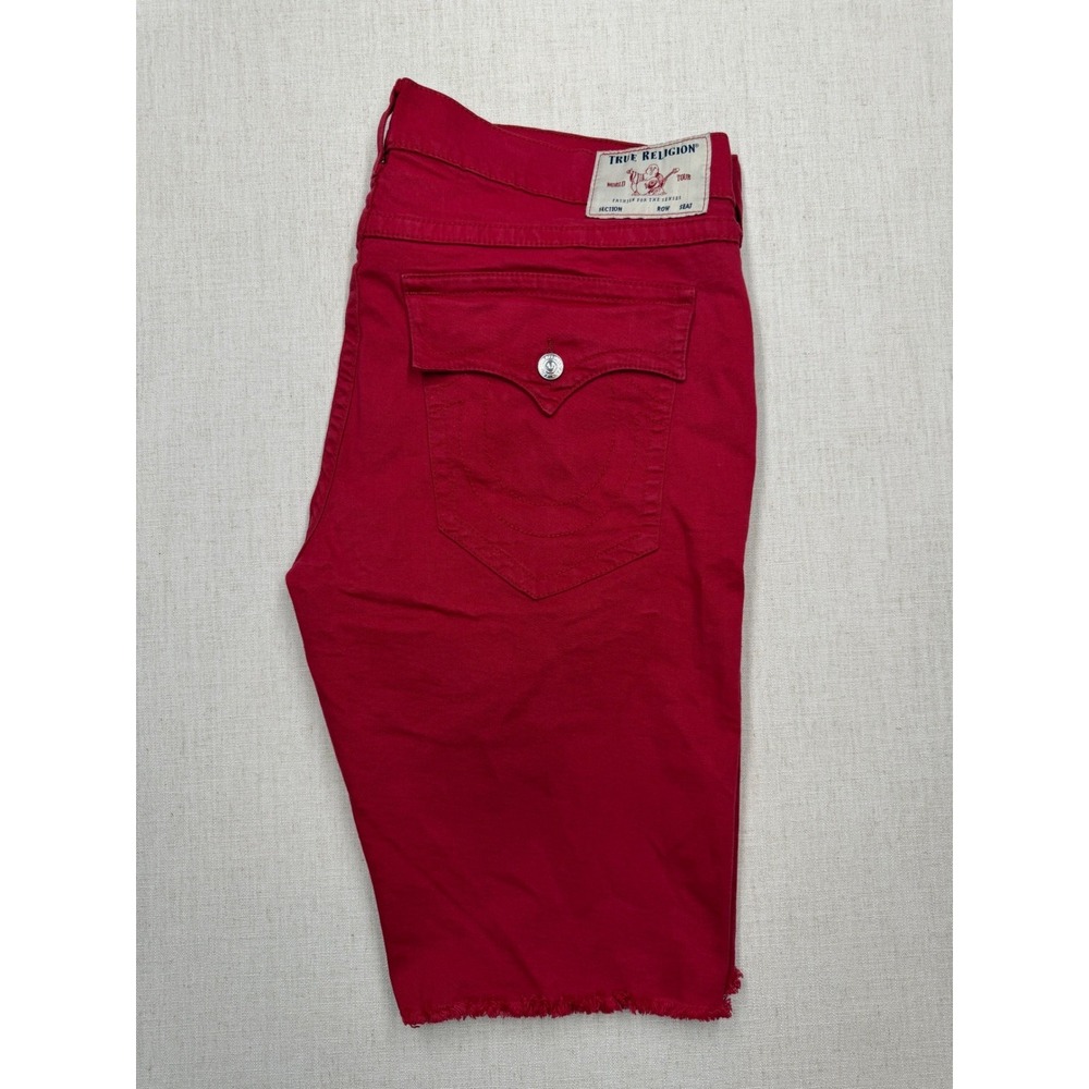 True Religion Ricky Flap Red Relaxed Straight Denim Shorts Mens 42 Raw Hem